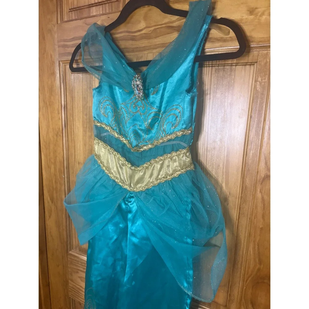 Disney Princess Jasmine Costume Teal Gold Glitter Jumpsuit Girls Size 4-6X